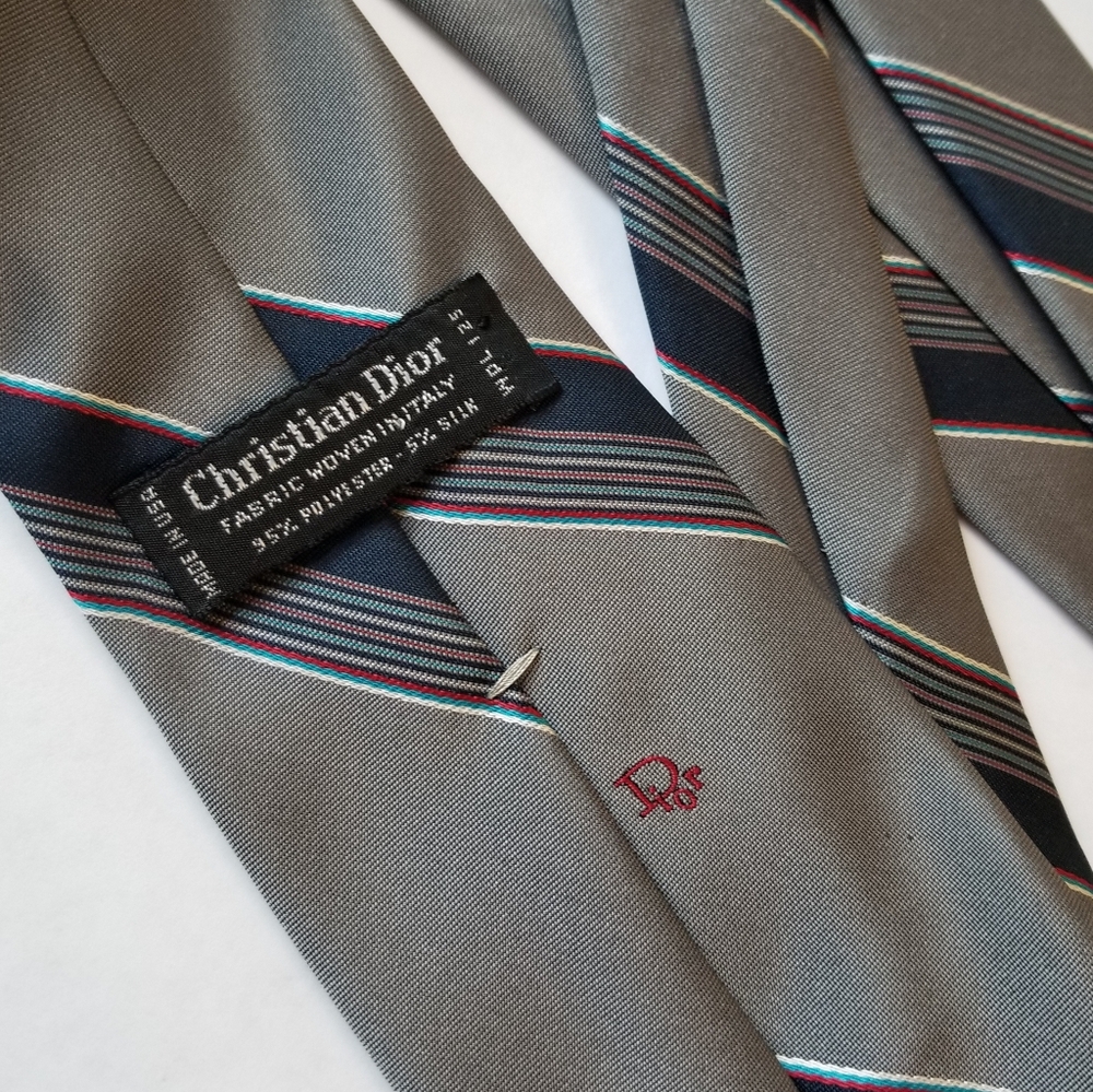 ❗1960s Christian Dior Gray Navy Striped Dress Tie❗ - Picture 2 of 5